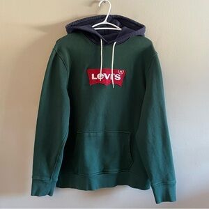 Levi’s Forest Green & Navy Hoodie w Large Red Logo Patch – Size Medium EUC